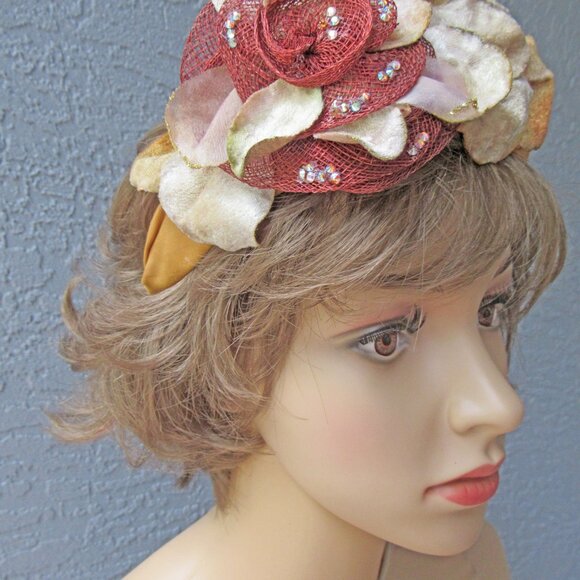 Handmade headband with raffia flower, floral petals & rhinestones, Beige & brown - Picture 11 of 13